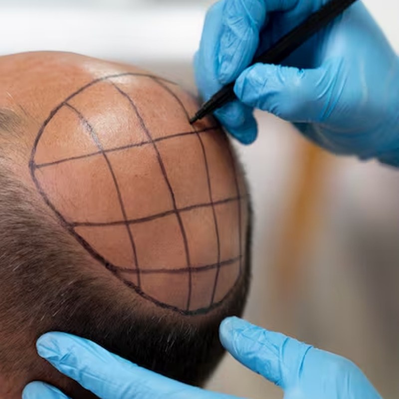 Close-up macro detail of healed scalp micropigmentation hair follicles