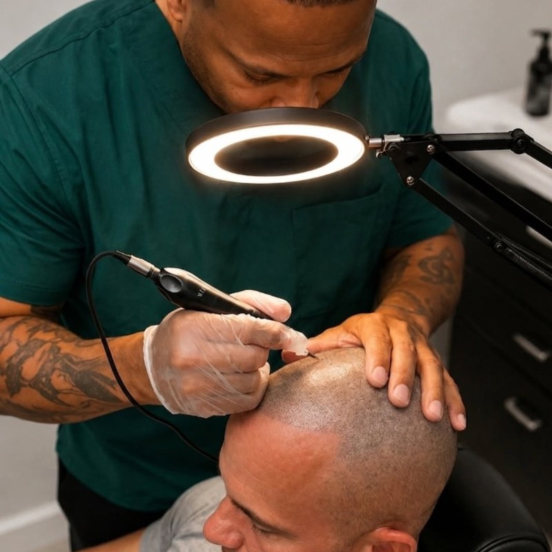 Vincent Henderson performing scalp micropigmentation at AHNEWME studio