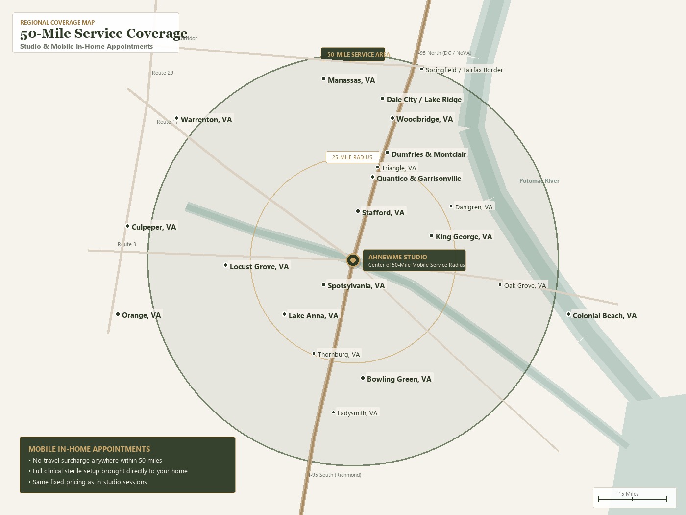 Map showing AHNEWME 50-mile service radius covering Fredericksburg, Stafford, Spotsylvania, NoVA and Central Virginia