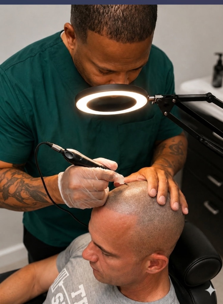 Vincent Henderson performing a scalp micropigmentation procedure at AHNEWME studio